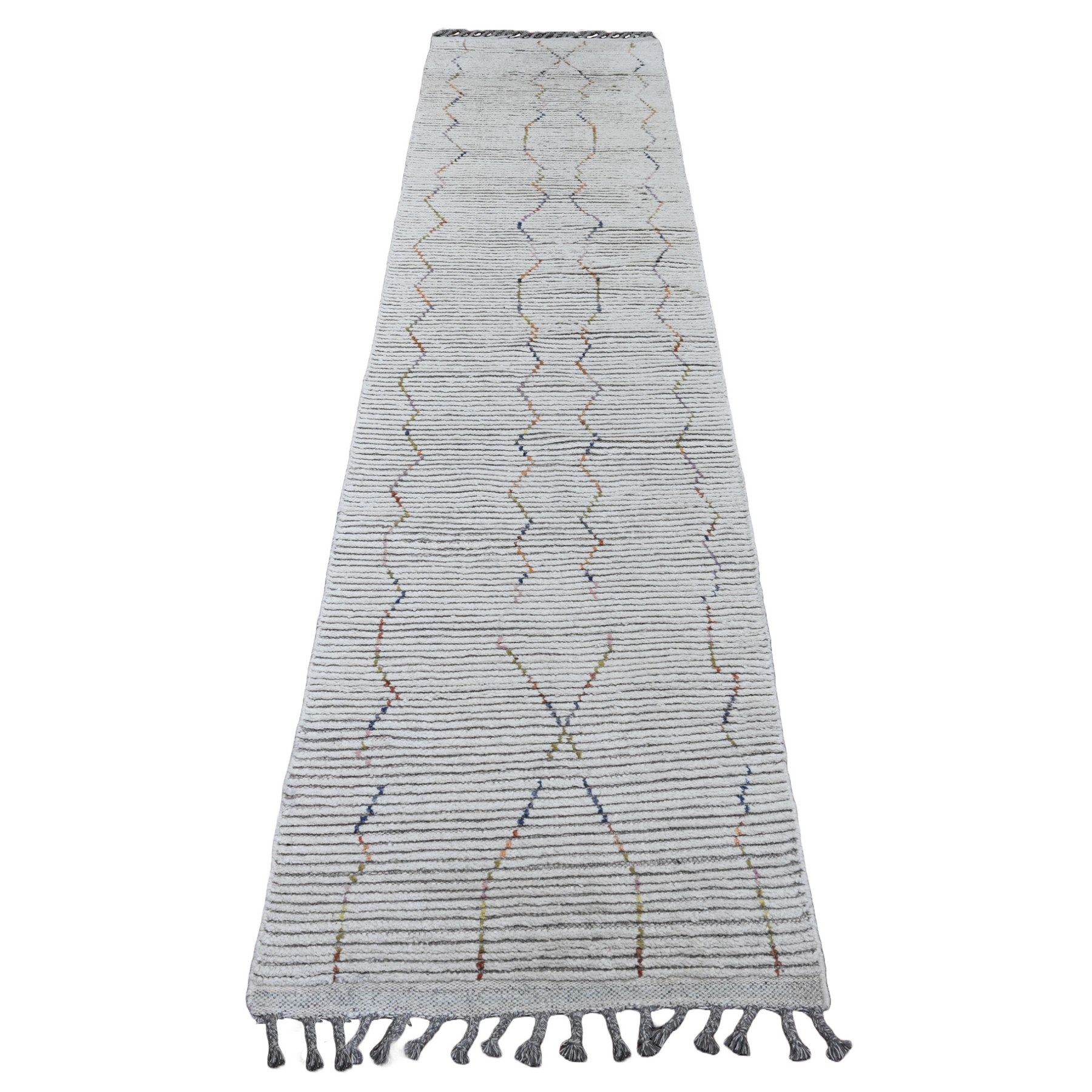 2'6"x10'6" Oyster White, Hand Knotted, Moroccan Weave with Geometric Serrated Line Design, Textured Pile, Soft Wool, Runner, Oriental Rug HR20288