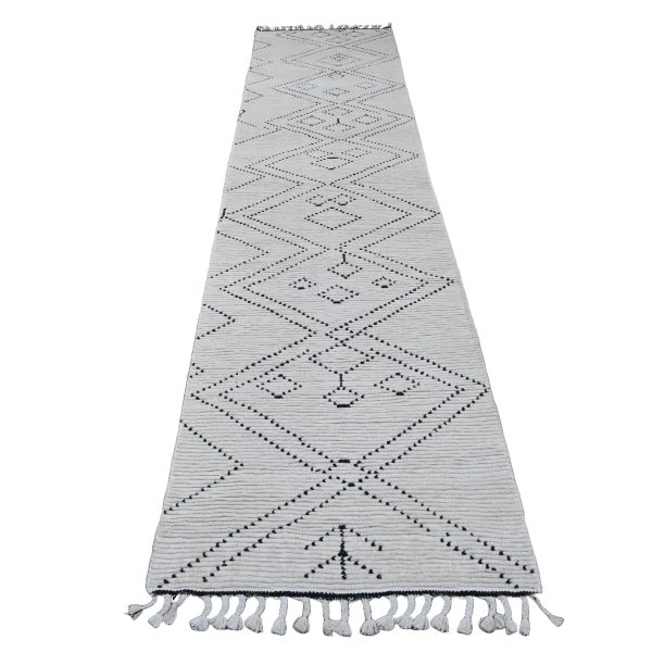 3'x12'8" Pearl White, Moroccan Weave with Geometric Pattern, Textured Pile, Soft Wool, Hand Knotted, Runner, Oriental Rug HR20289