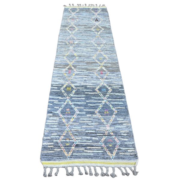 2'5"x8'4" Shades of Gray, Moroccan Weave with Geometric Serrated Pattern, Hand Knotted, Textured Pile, Soft Wool, Runner, Oriental Rug HR20290