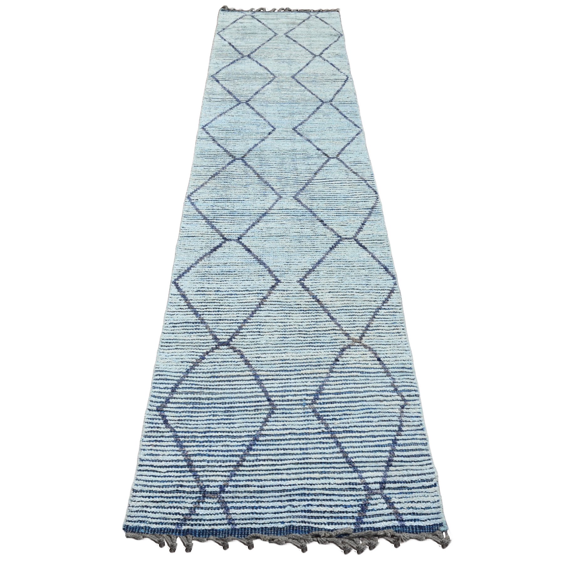 2'5"x10'3" Beau Blue, Moroccan Weave with Geometric Pattern, Textured Pile, Hand Knotted, Soft Wool, Runner, Oriental Rug HR20291