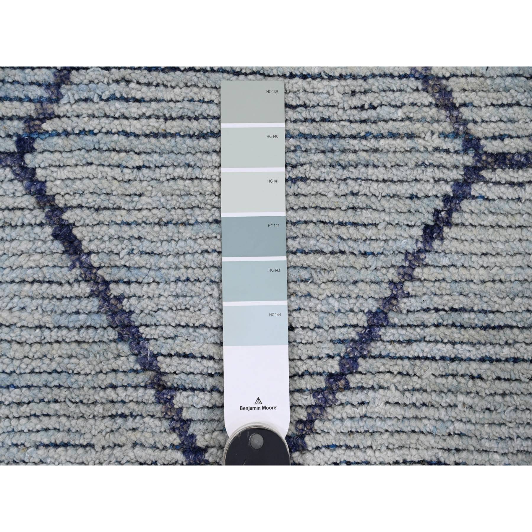 2'5"x10'3" Beau Blue, Moroccan Weave with Geometric Pattern, Textured Pile, Hand Knotted, Soft Wool, Runner, Oriental Rug HR20291 - Image 3