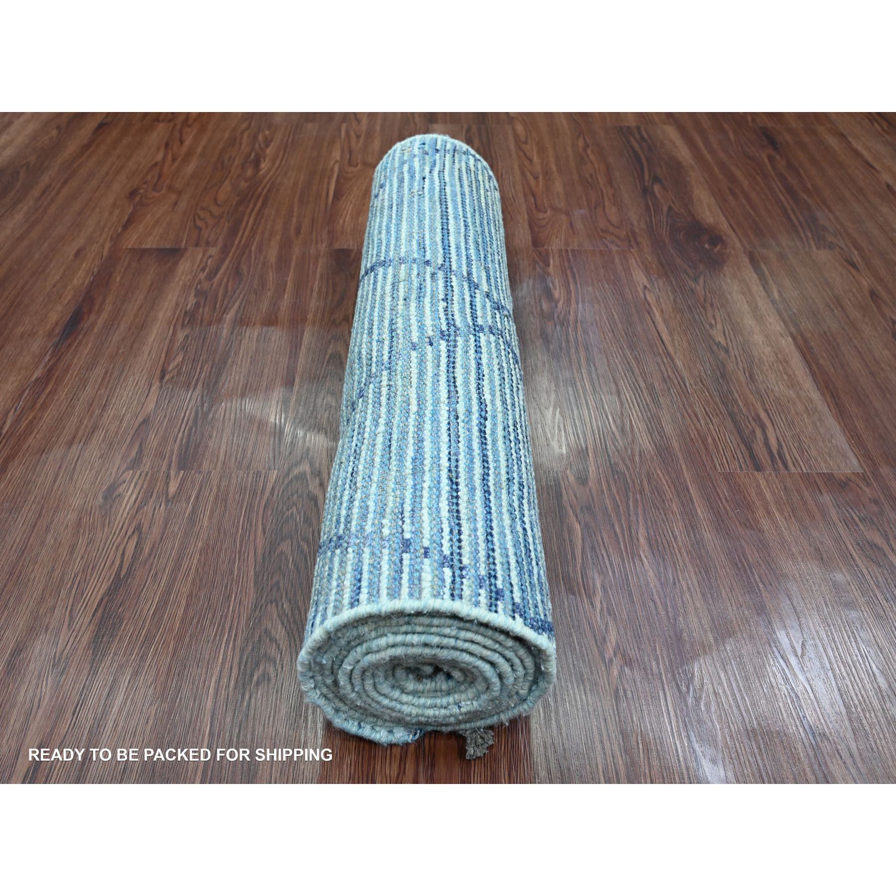 2'5"x10'3" Beau Blue, Moroccan Weave with Geometric Pattern, Textured Pile, Hand Knotted, Soft Wool, Runner, Oriental Rug HR20291 - Image 4