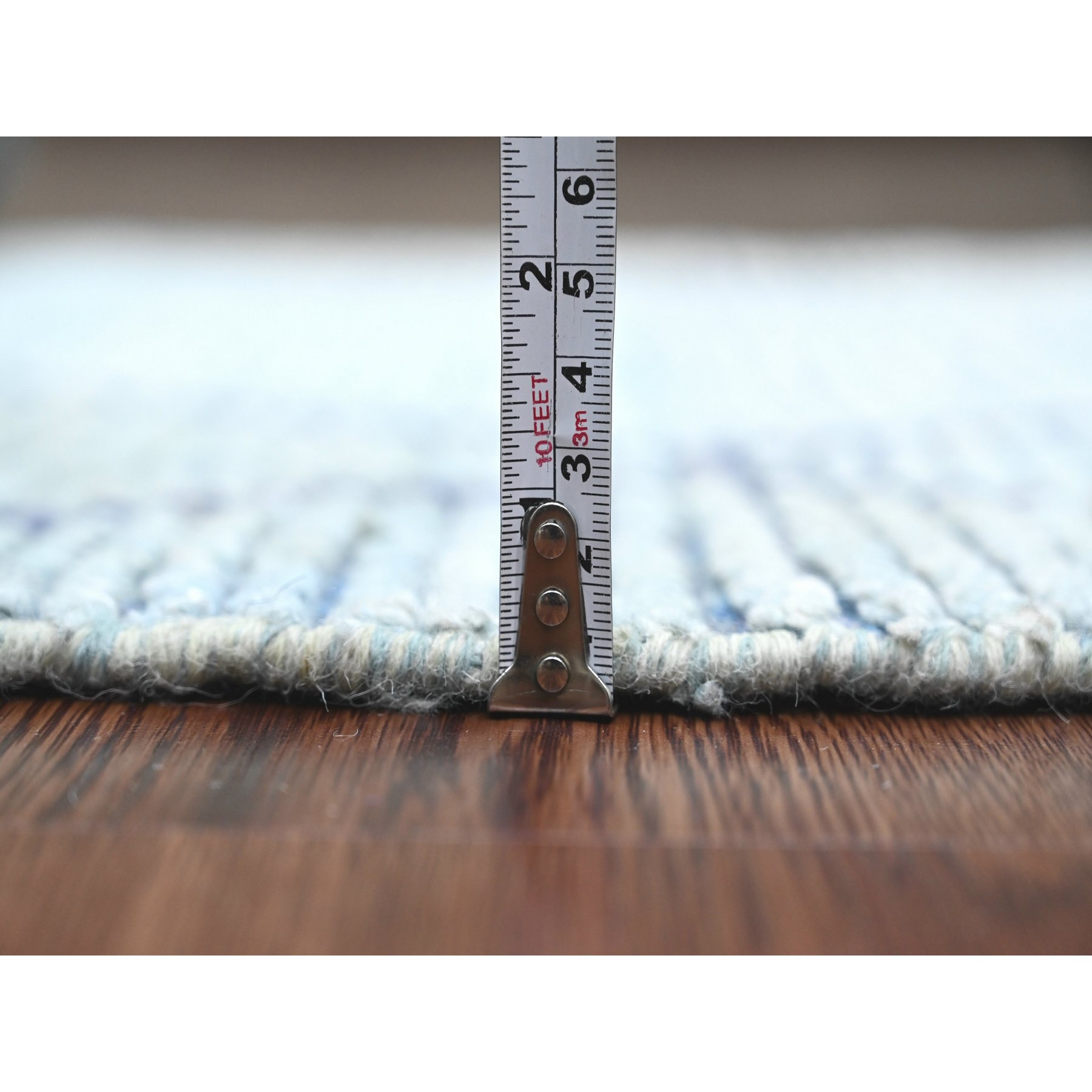 2'5"x10'3" Beau Blue, Moroccan Weave with Geometric Pattern, Textured Pile, Hand Knotted, Soft Wool, Runner, Oriental Rug HR20291 - Image 5