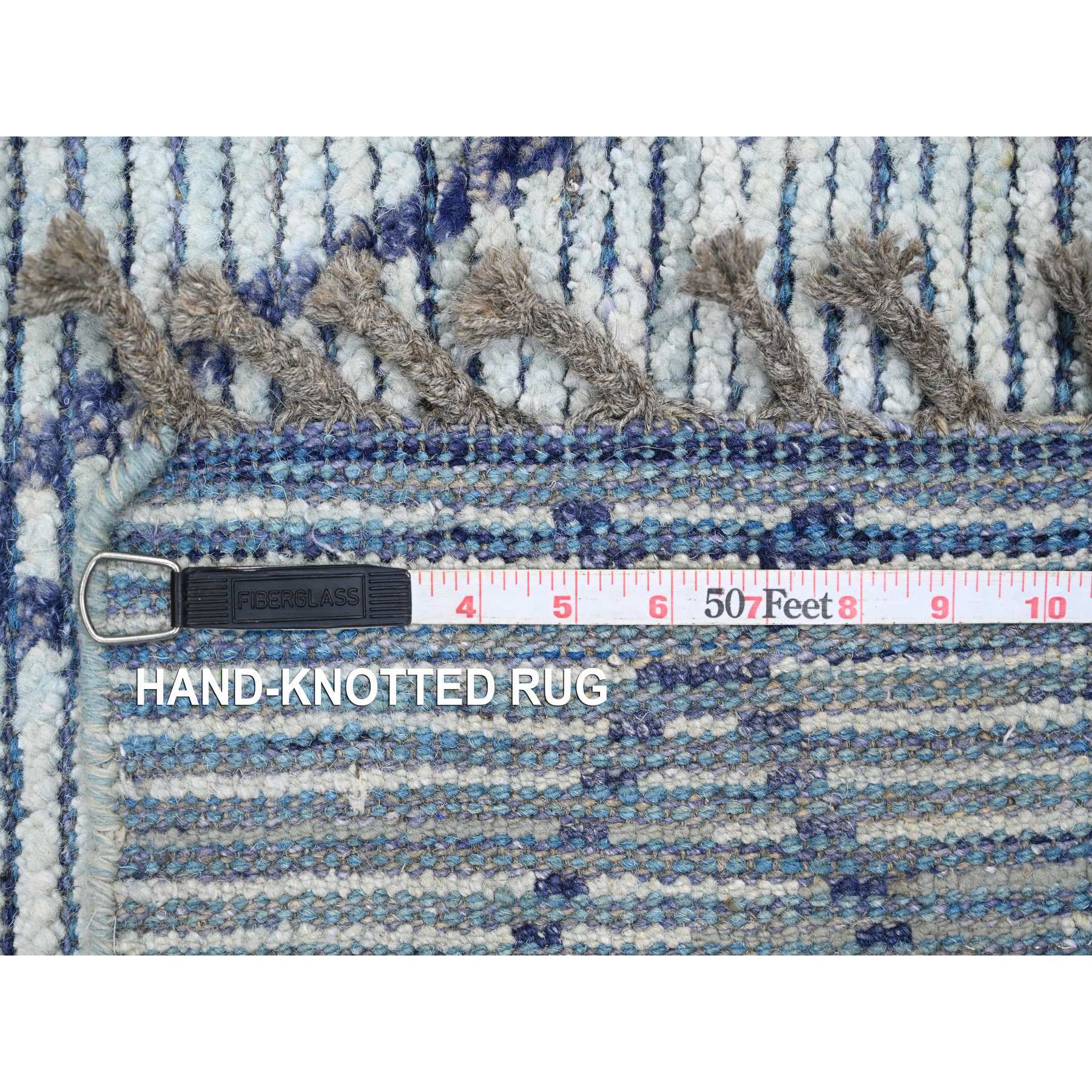 2'5"x10'3" Beau Blue, Moroccan Weave with Geometric Pattern, Textured Pile, Hand Knotted, Soft Wool, Runner, Oriental Rug HR20291 - Image 6