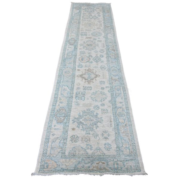 2'8"x11'4" Bone White, Geometric Leaf Design, Afghan Angora Oushak, Hand Knotted, Natural Dyes, 100% Wool, Runner, Oriental Rug HR20300