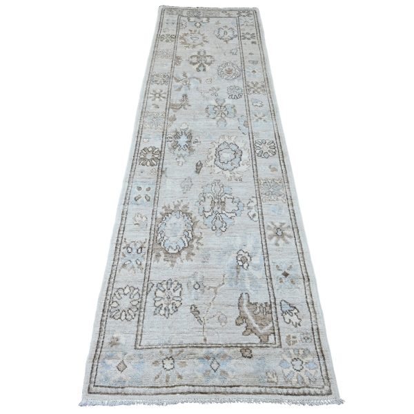 2'7"x9'9" Misty Gray, Afghan Angora Oushak with All Over Leaf Design, Natural Dyes, Hand Knotted, Pure Wool, Runner, Oriental Rug HR20301