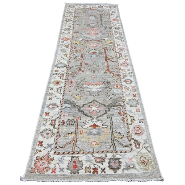 3'x9'8" Coin Gray, Afghan Angora Oushak with Floral Motifs, Hand Knotted, Veggie Dyes, Pure Wool, Runner, Oriental Rug HR20313