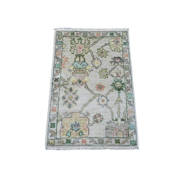 2'x3' Chiffon White, Afghan Angora Oushak with Colorful Leaf Pattern, Hand Knotted, Natural Dyes, Pure Wool, Mat, Oriental Rug HR20319