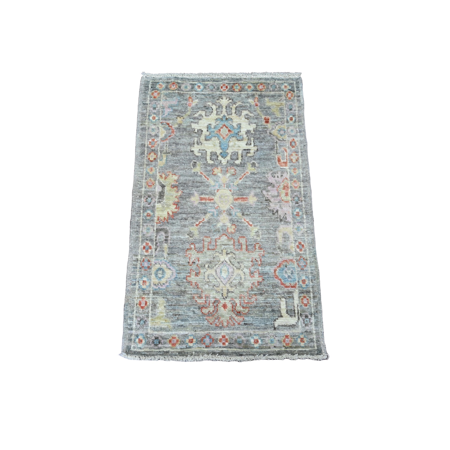 2'1"x3'5" Spanish Gray, Hand Knotted, Afghan Angora Oushak with Leaf Design, Veggie Dyes, Pure Wool, Mat, Oriental Rug HR20323