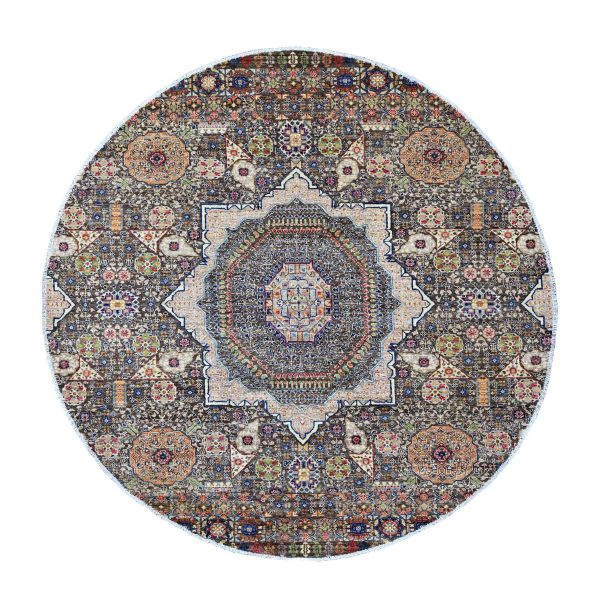 7'8"x7'8" Mocha Brown, 14th Century Mamluk Dynasty Pattern with Star Medallion Design, Hand Knotted, Soft Pile, High Mountain Wool, Vegetable Dyes, Round, Oriental Rug HR20337