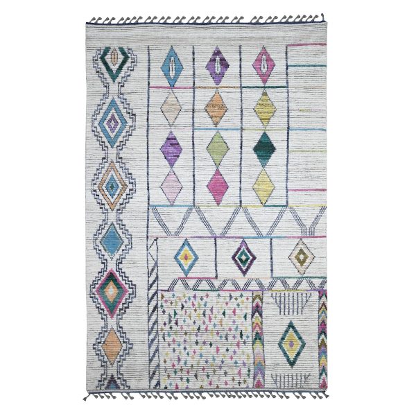 5'5"x8'6" Daisy White, Moroccan Weave with Colorful Tribal and Geometric Design, Tone on Tone, Hand Knotted, Soft Wool, Textured Pile, Oriental Rug HR20345
