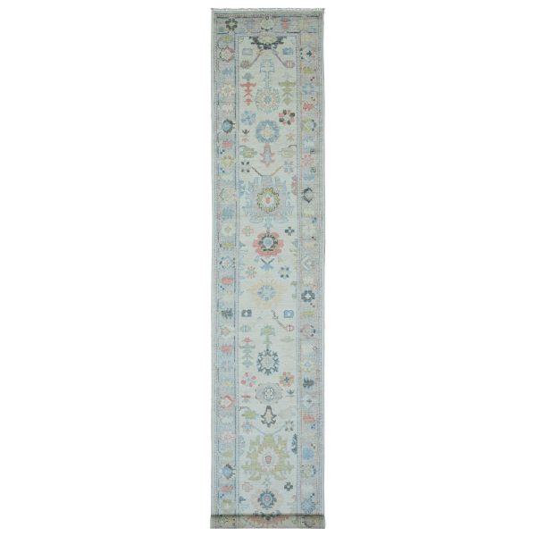 2'9"x16' Pearl White, Afghan Angora Oushak with All Over Leaf Design, Hand Knotted, Vegetable Dyes, 100% Wool, XL Runner, Oriental Rug HR20356