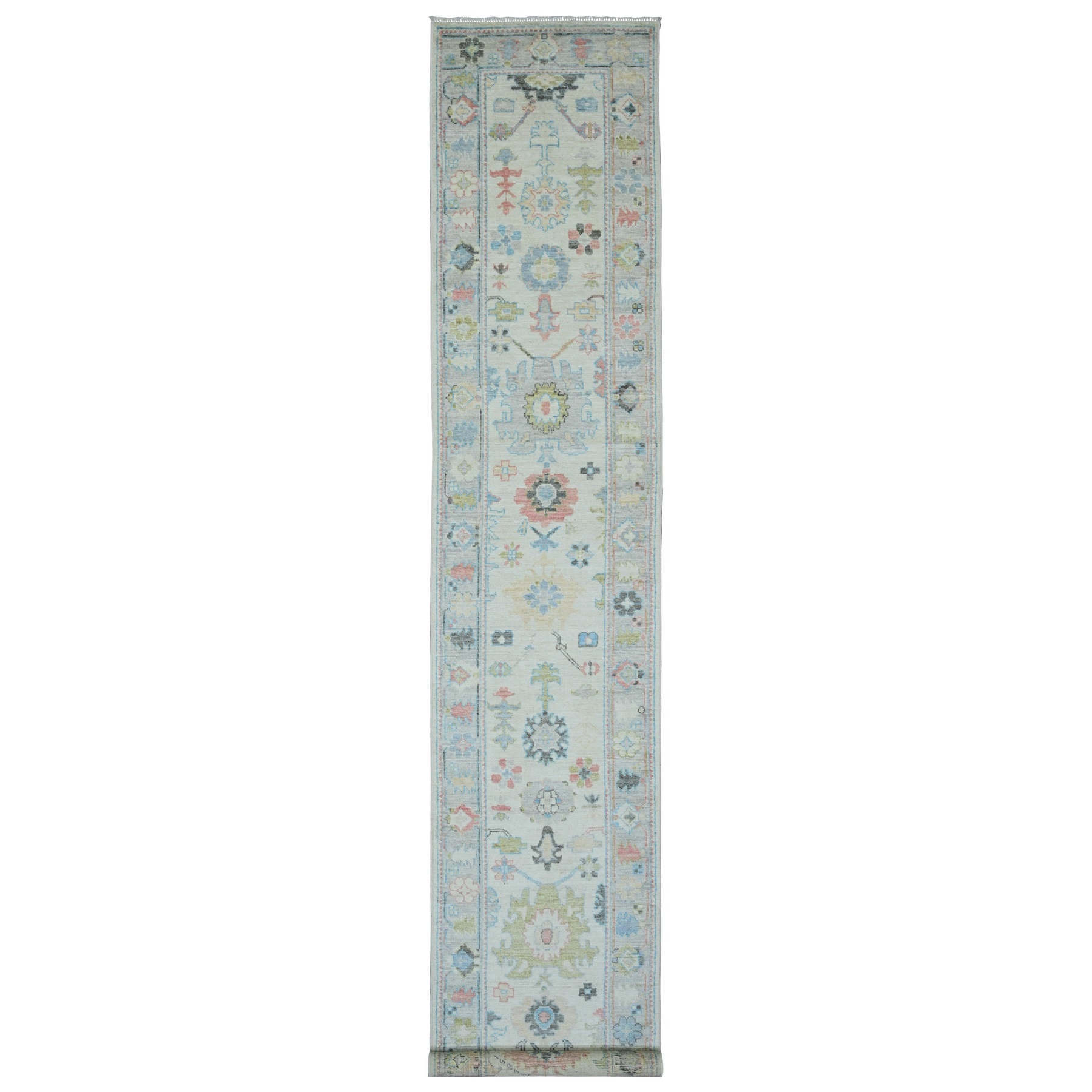 2'9"x16' Pearl White, Afghan Angora Oushak with All Over Leaf Design, Hand Knotted, Vegetable Dyes, 100% Wool, XL Runner, Oriental Rug HR20356