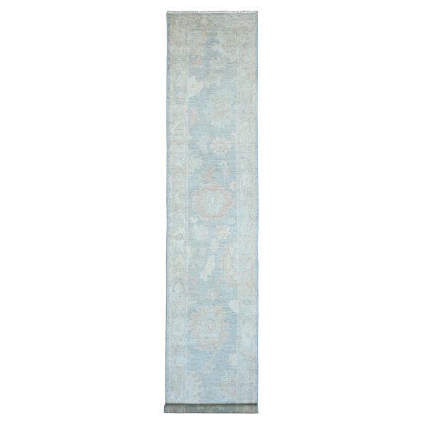 3'x15'6" Stone Blue, Afghan Angora Oushak with Large Leaf Design, Veggie Dyes, Hand Knotted, Pure Wool, XL Runner, Oriental Rug HR20358