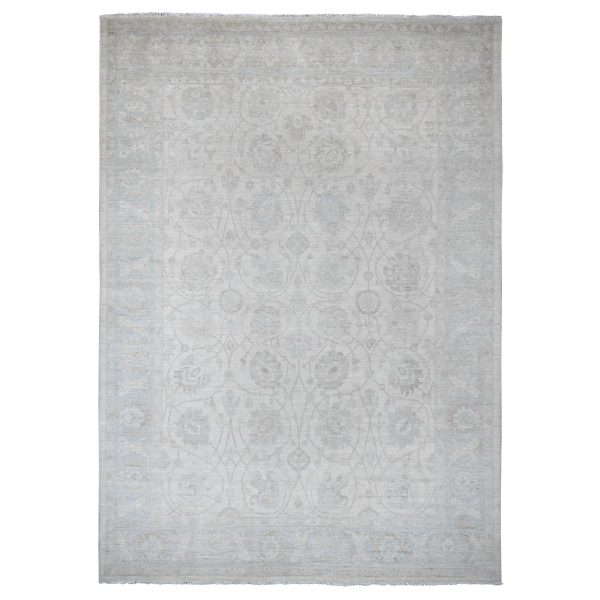 9'10"x13'6" Pearl White, Washed Out Peshawar with All Over Leaf Design, 100% Wool, Hand Knotted, Veggie Dyes, Oriental Rug HR20363