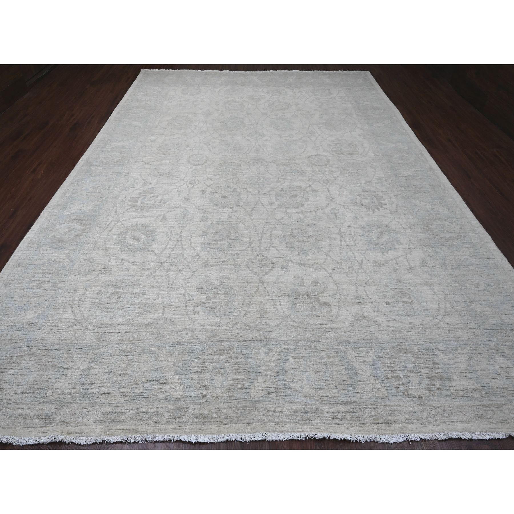 9'10"x13'6" Pearl White, Washed Out Peshawar with All Over Leaf Design, 100% Wool, Hand Knotted, Veggie Dyes, Oriental Rug HR20363 - Image 2