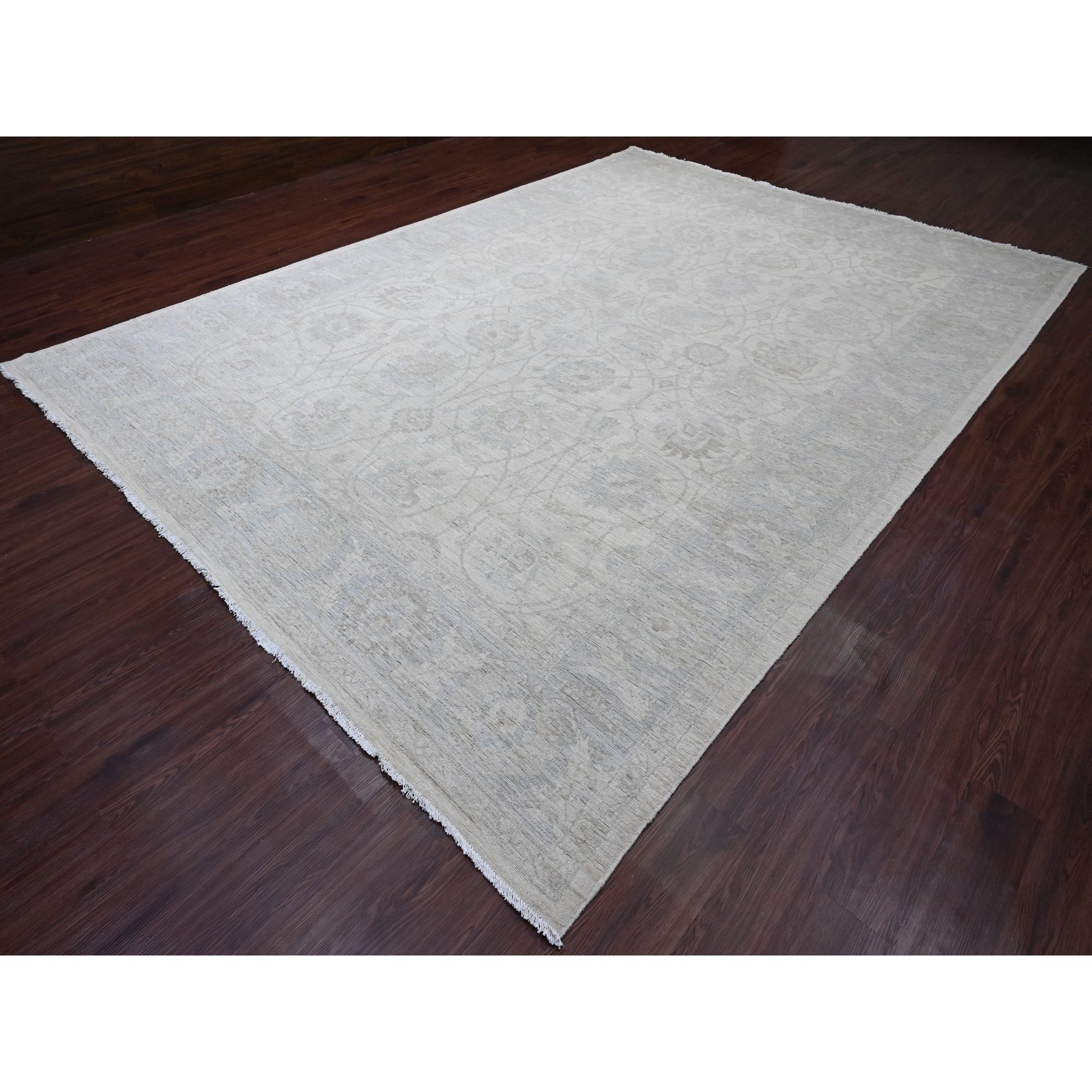 9'10"x13'6" Pearl White, Washed Out Peshawar with All Over Leaf Design, 100% Wool, Hand Knotted, Veggie Dyes, Oriental Rug HR20363 - Image 3