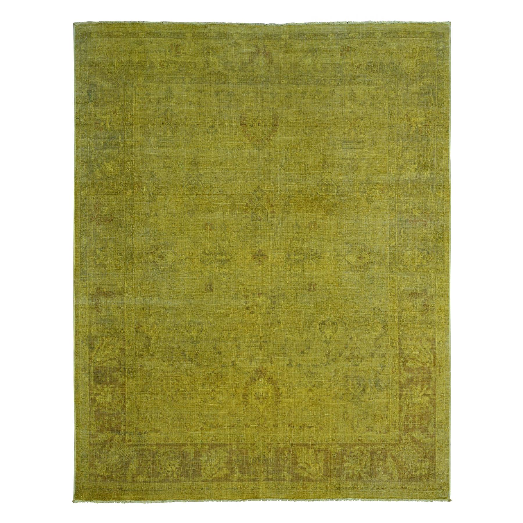 7'7"x9'7" Golden Yellow, Overdyed, Zero Pile, Peshawar with Tribal Design, Hand Knotted, 100% Wool, Distressed, Oriental Rug HR20369