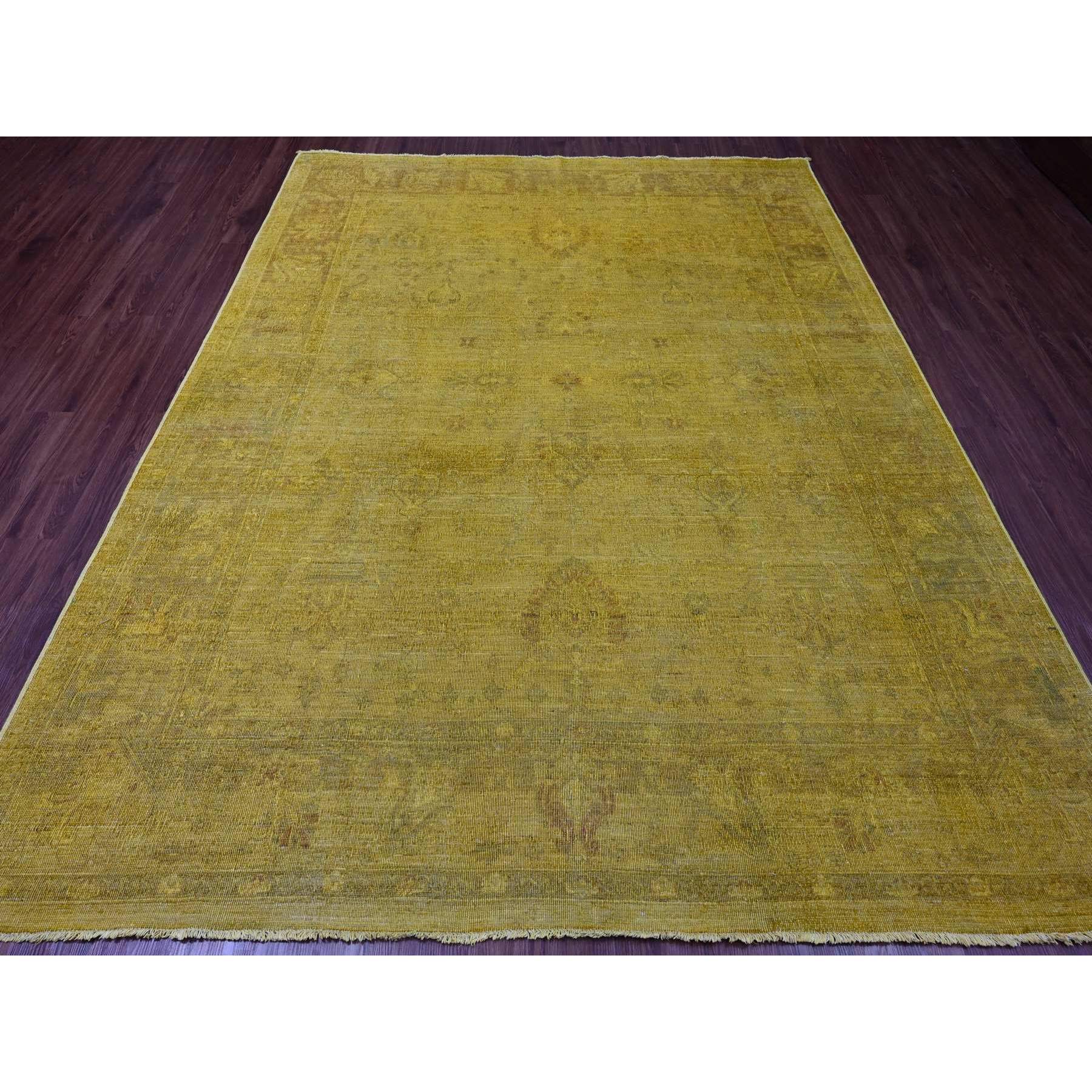 7'7"x9'7" Golden Yellow, Overdyed, Zero Pile, Peshawar with Tribal Design, Hand Knotted, 100% Wool, Distressed, Oriental Rug HR20369 - Image 2