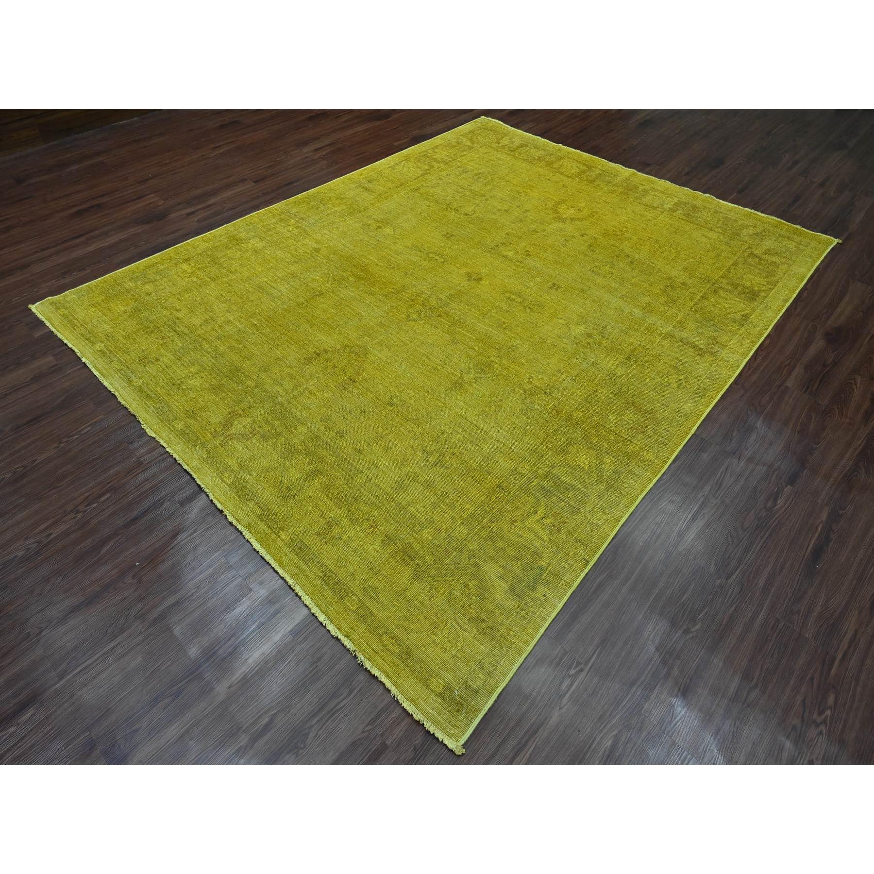 7'7"x9'7" Golden Yellow, Overdyed, Zero Pile, Peshawar with Tribal Design, Hand Knotted, 100% Wool, Distressed, Oriental Rug HR20369 - Image 3