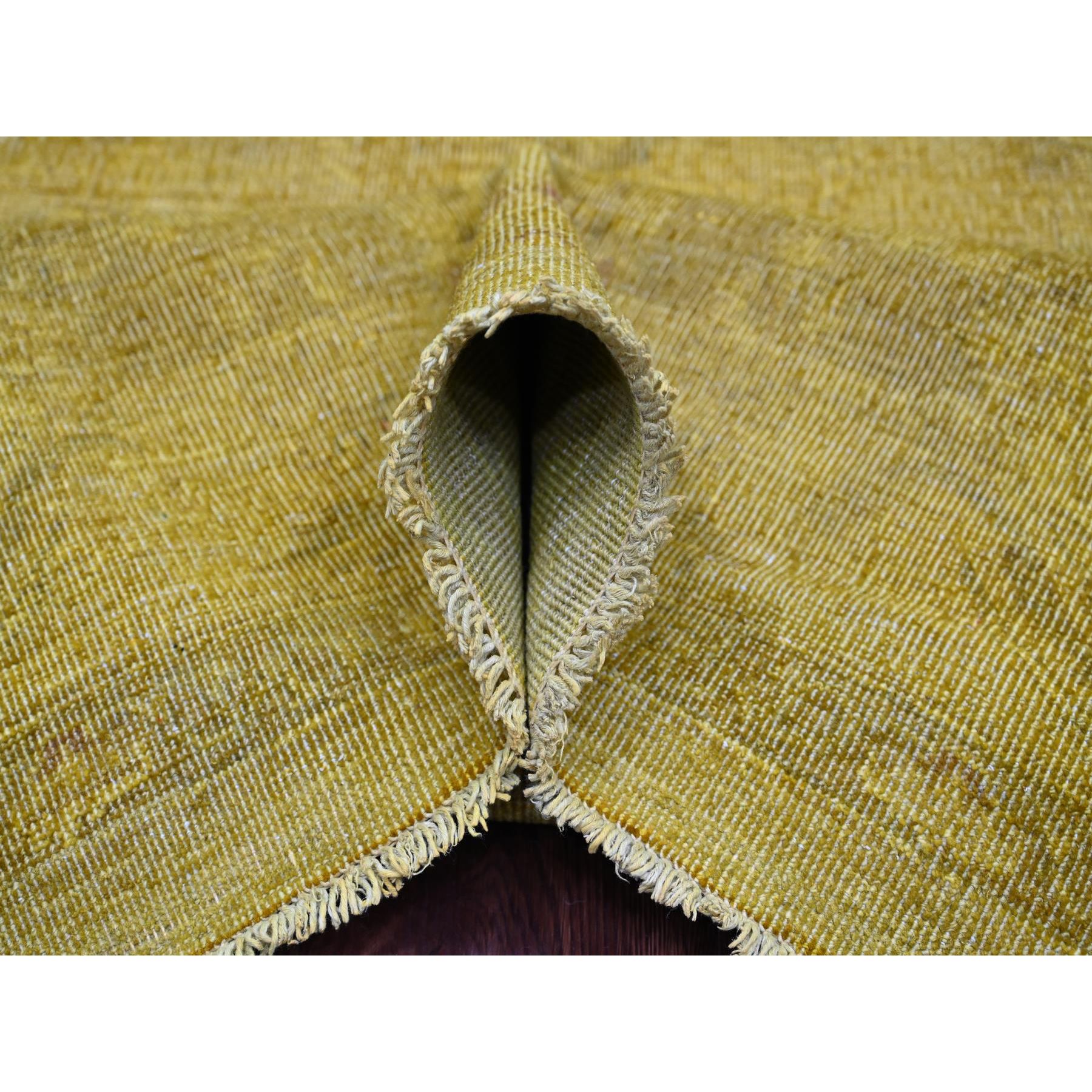 7'7"x9'7" Golden Yellow, Overdyed, Zero Pile, Peshawar with Tribal Design, Hand Knotted, 100% Wool, Distressed, Oriental Rug HR20369 - Image 5