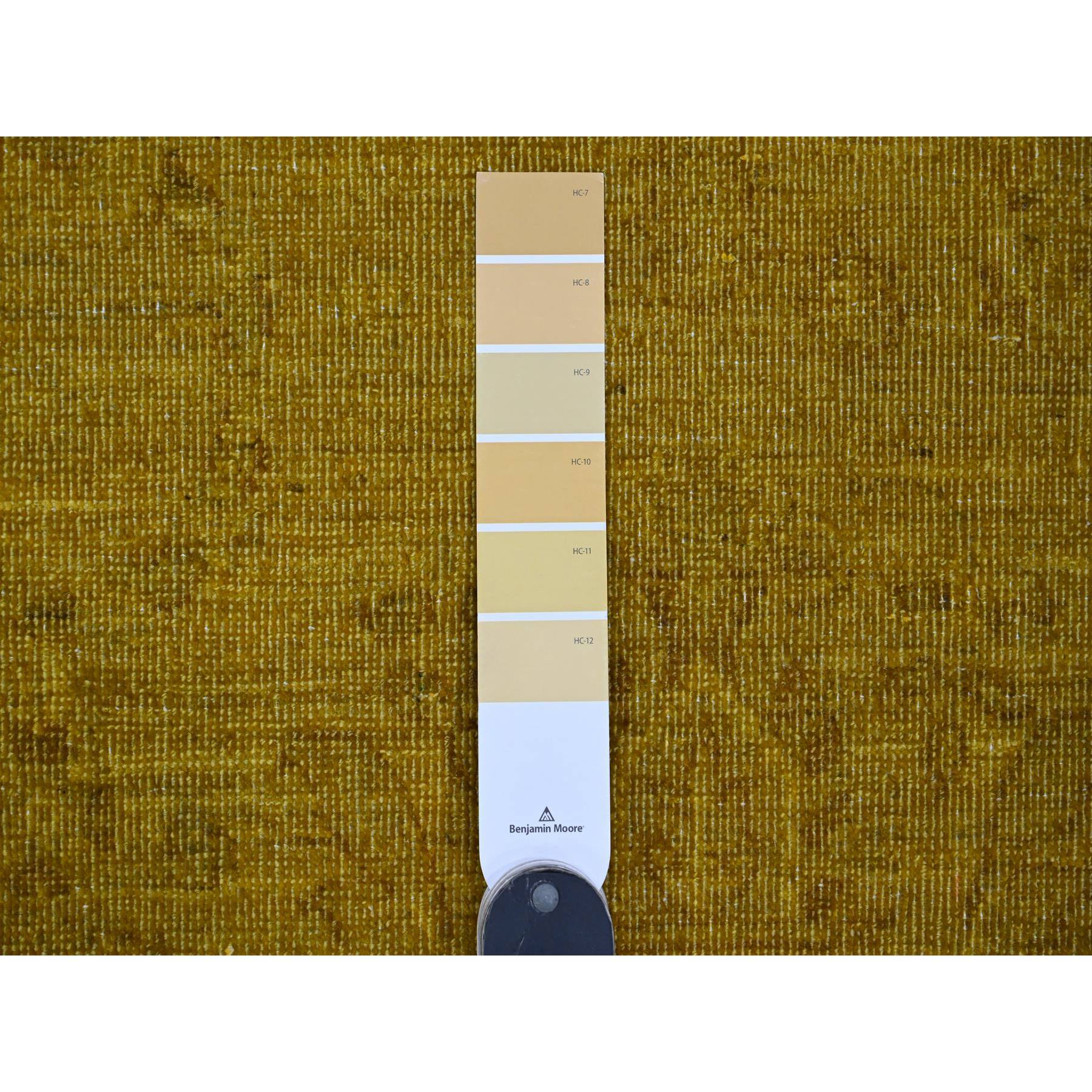 7'7"x9'7" Golden Yellow, Overdyed, Zero Pile, Peshawar with Tribal Design, Hand Knotted, 100% Wool, Distressed, Oriental Rug HR20369 - Image 7