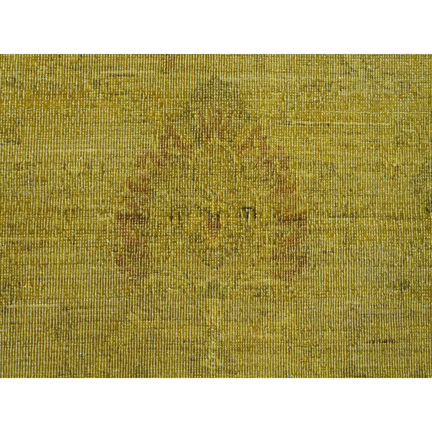 7'7"x9'7" Golden Yellow, Overdyed, Zero Pile, Peshawar with Tribal Design, Hand Knotted, 100% Wool, Distressed, Oriental Rug HR20369 - Image 8