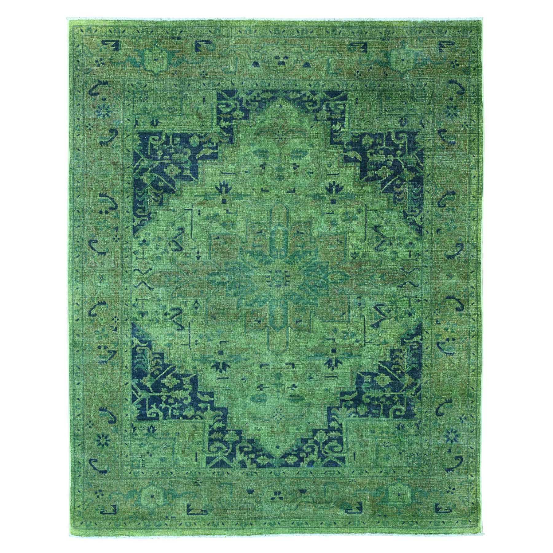 7'9"x9'8" Hunter Green, Overdyed Peshawar with Heriz Design, Hand Knotted, Distressed, Zero Pile, 100% Wool, Oriental Rug HR20371