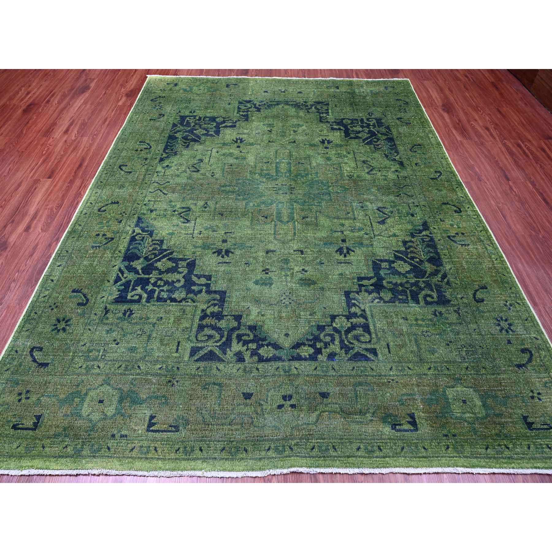 7'9"x9'8" Hunter Green, Overdyed Peshawar with Heriz Design, Hand Knotted, Distressed, Zero Pile, 100% Wool, Oriental Rug HR20371 - Image 2