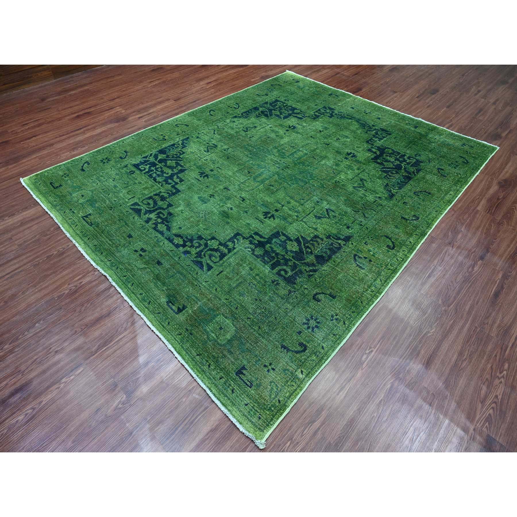 7'9"x9'8" Hunter Green, Overdyed Peshawar with Heriz Design, Hand Knotted, Distressed, Zero Pile, 100% Wool, Oriental Rug HR20371 - Image 3