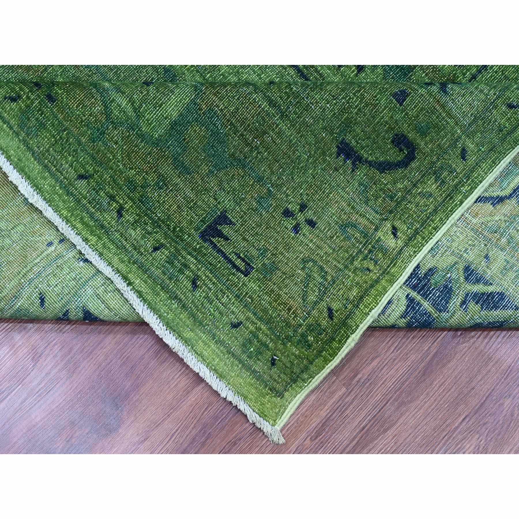 7'9"x9'8" Hunter Green, Overdyed Peshawar with Heriz Design, Hand Knotted, Distressed, Zero Pile, 100% Wool, Oriental Rug HR20371 - Image 6