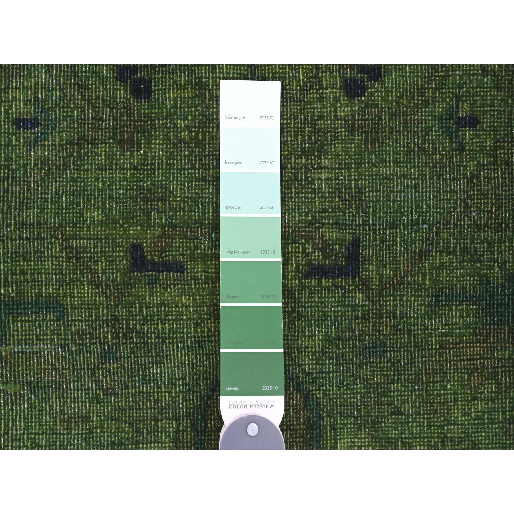 7'9"x9'8" Hunter Green, Overdyed Peshawar with Heriz Design, Hand Knotted, Distressed, Zero Pile, 100% Wool, Oriental Rug HR20371 - Image 7