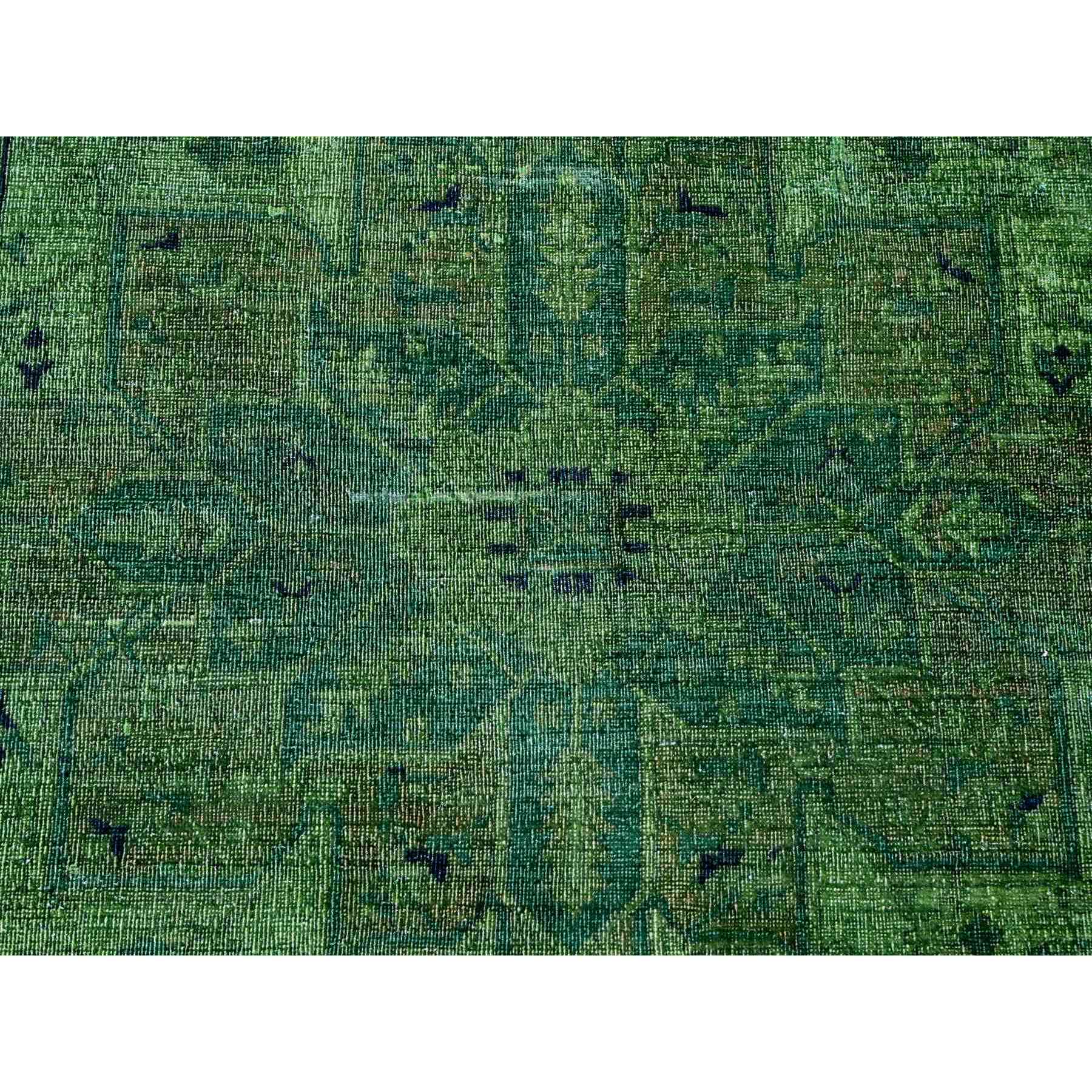 7'9"x9'8" Hunter Green, Overdyed Peshawar with Heriz Design, Hand Knotted, Distressed, Zero Pile, 100% Wool, Oriental Rug HR20371 - Image 8