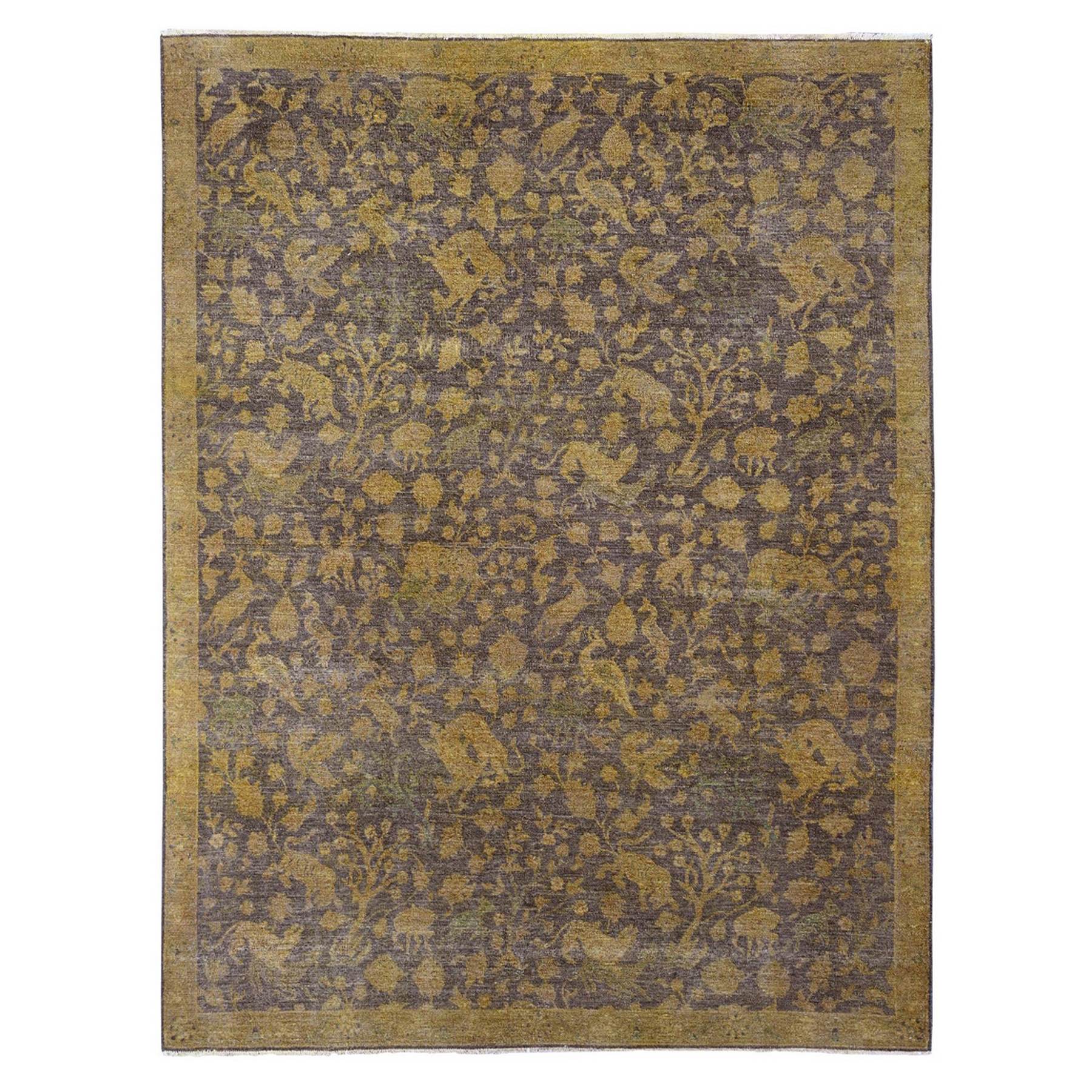 7'8"x10'1" Mocha Brown, Overdyed Persian Design with Hunting Scene, 100% Wool, Hand Knotted, Distressed, Zero Pile, Oriental Rug HR20372