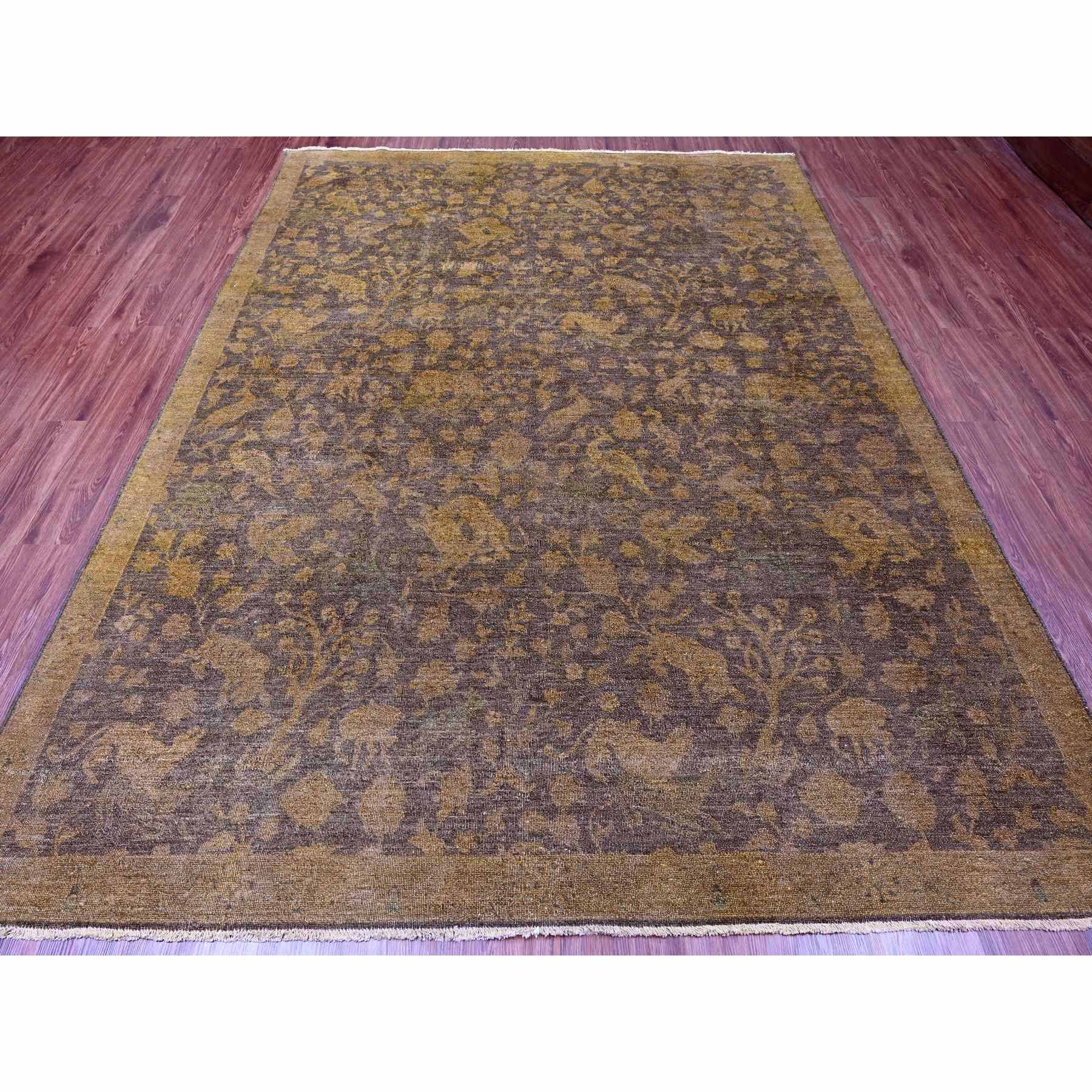 7'8"x10'1" Mocha Brown, Overdyed Persian Design with Hunting Scene, 100% Wool, Hand Knotted, Distressed, Zero Pile, Oriental Rug HR20372 - Image 2