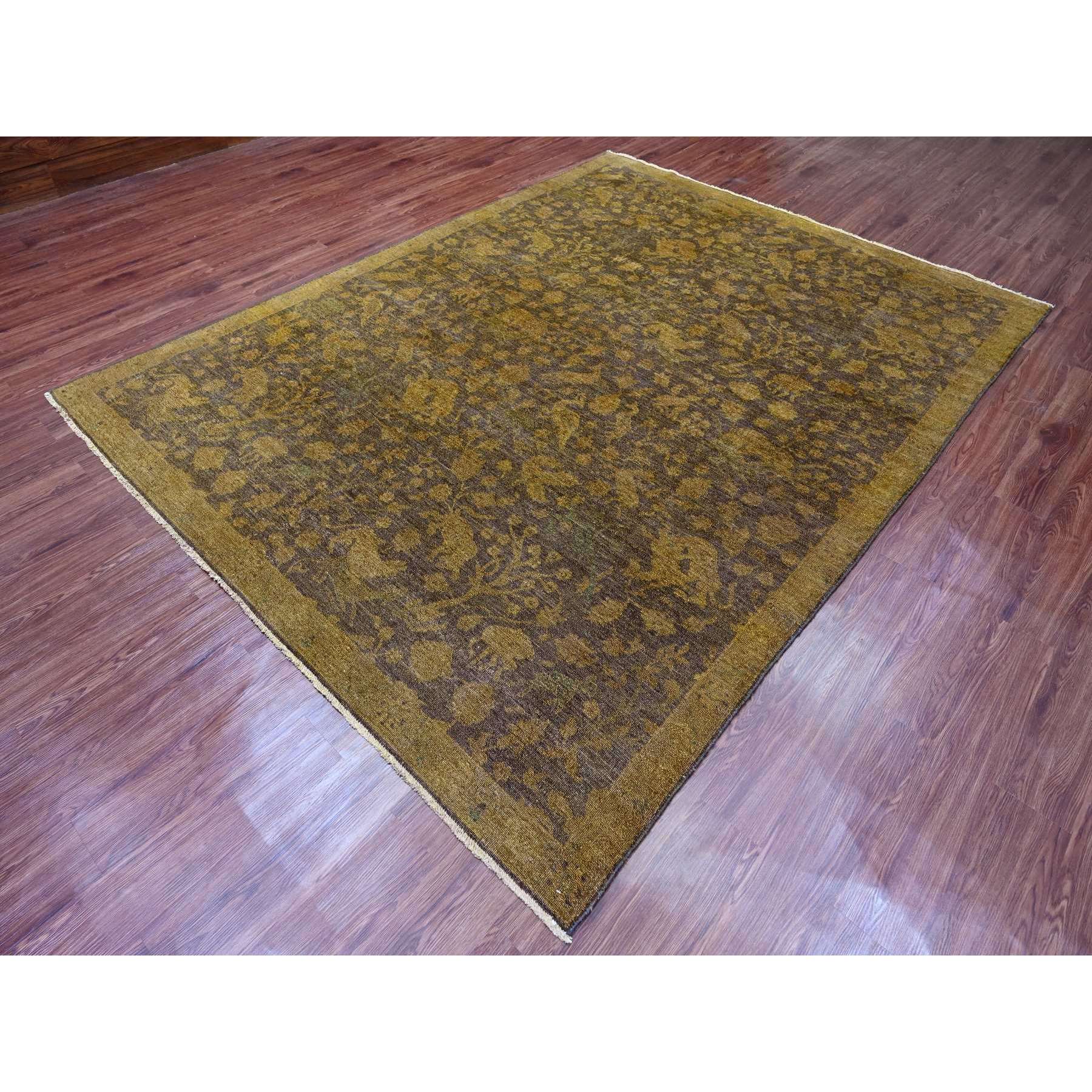 7'8"x10'1" Mocha Brown, Overdyed Persian Design with Hunting Scene, 100% Wool, Hand Knotted, Distressed, Zero Pile, Oriental Rug HR20372 - Image 3