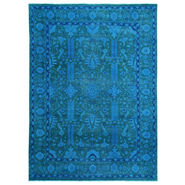 9'4"x12'9" Bayern Blue Overdyed with Touches of Navy, Peshawar with Heriz All Over Design, Distressed, Zero Pile, Hand Knotted, 100% Wool, Oriental Rug HR20373