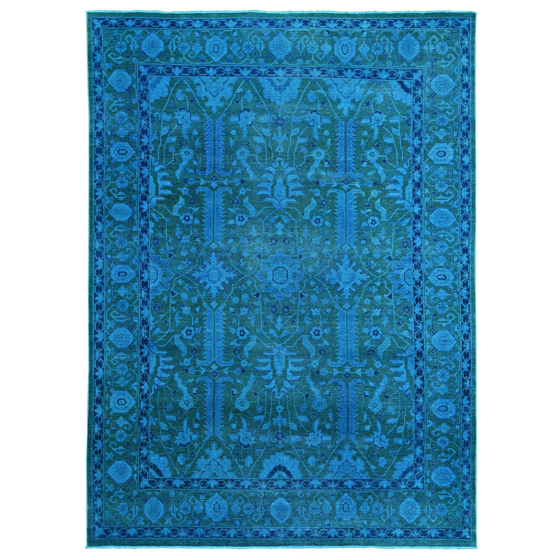 9'4"x12'9" Bayern Blue Overdyed with Touches of Navy, Peshawar with Heriz All Over Design, Distressed, Zero Pile, Hand Knotted, 100% Wool, Oriental Rug HR20373