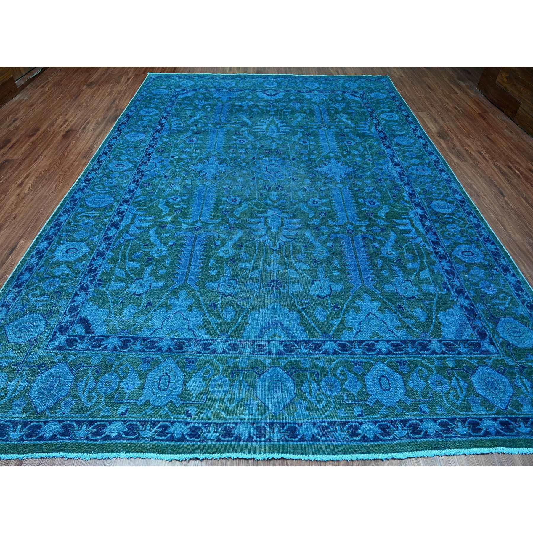 9'4"x12'9" Bayern Blue Overdyed with Touches of Navy, Peshawar with Heriz All Over Design, Distressed, Zero Pile, Hand Knotted, 100% Wool, Oriental Rug HR20373 - Image 2