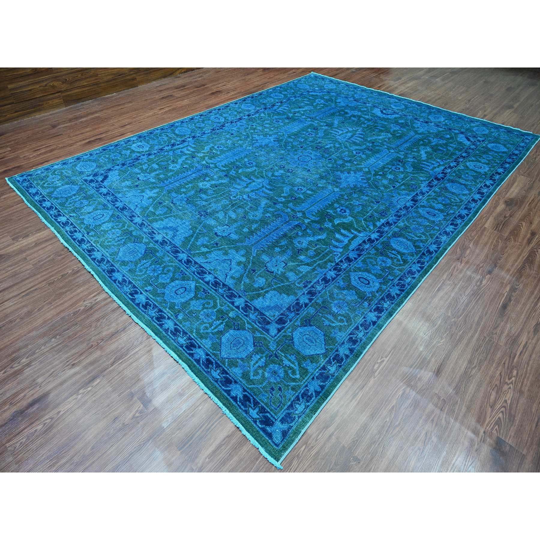 9'4"x12'9" Bayern Blue Overdyed with Touches of Navy, Peshawar with Heriz All Over Design, Distressed, Zero Pile, Hand Knotted, 100% Wool, Oriental Rug HR20373 - Image 3