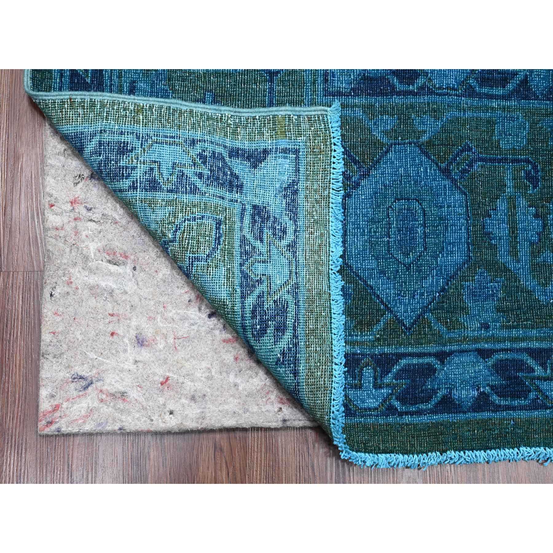 9'4"x12'9" Bayern Blue Overdyed with Touches of Navy, Peshawar with Heriz All Over Design, Distressed, Zero Pile, Hand Knotted, 100% Wool, Oriental Rug HR20373 - Image 4