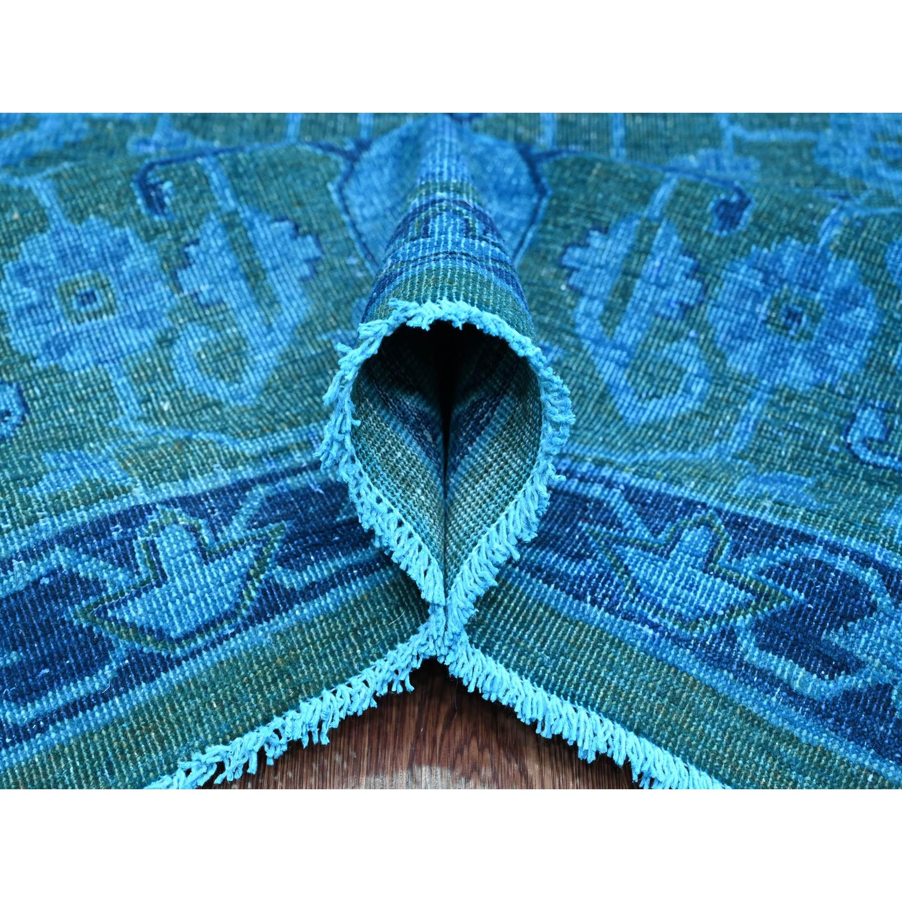 9'4"x12'9" Bayern Blue Overdyed with Touches of Navy, Peshawar with Heriz All Over Design, Distressed, Zero Pile, Hand Knotted, 100% Wool, Oriental Rug HR20373 - Image 5