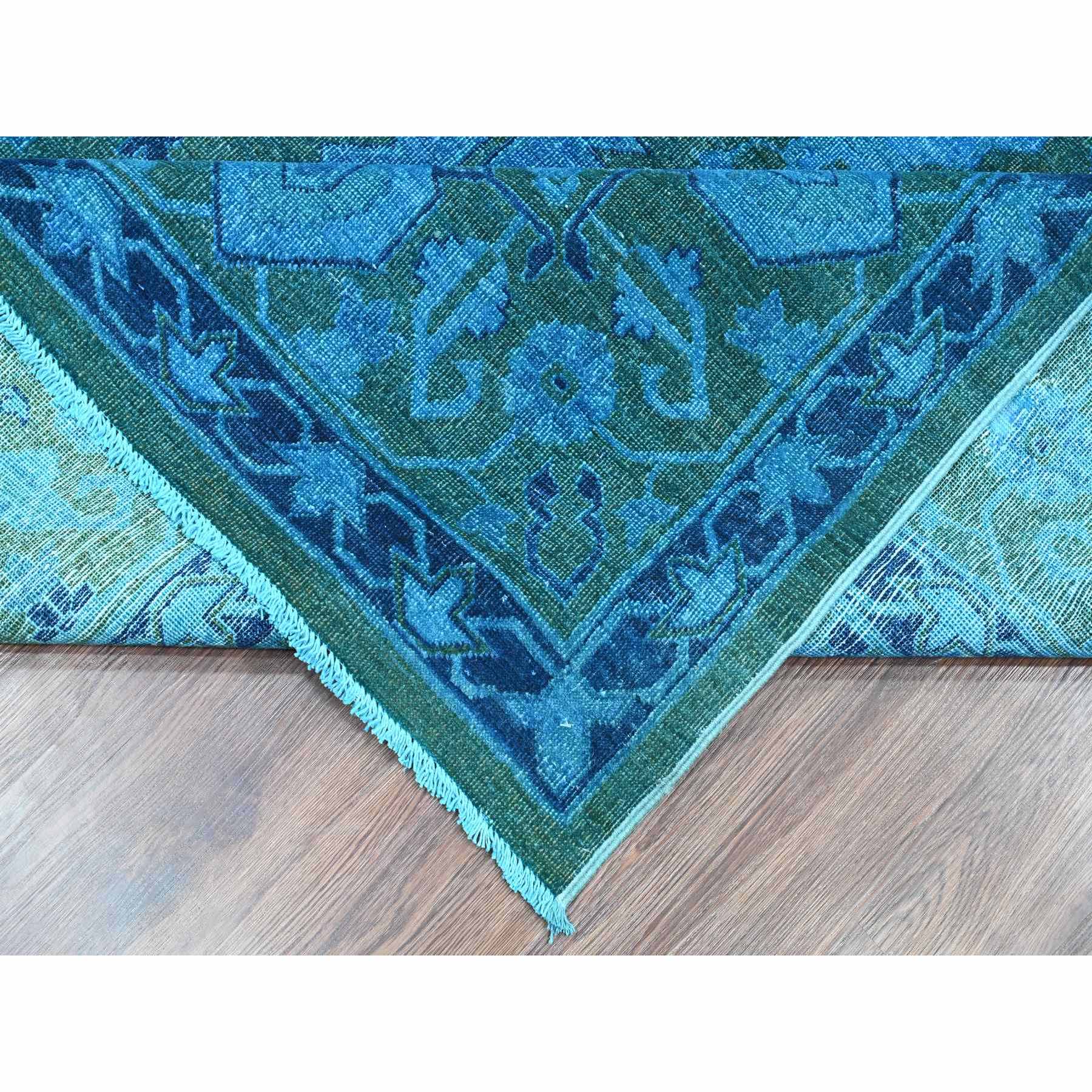 9'4"x12'9" Bayern Blue Overdyed with Touches of Navy, Peshawar with Heriz All Over Design, Distressed, Zero Pile, Hand Knotted, 100% Wool, Oriental Rug HR20373 - Image 6