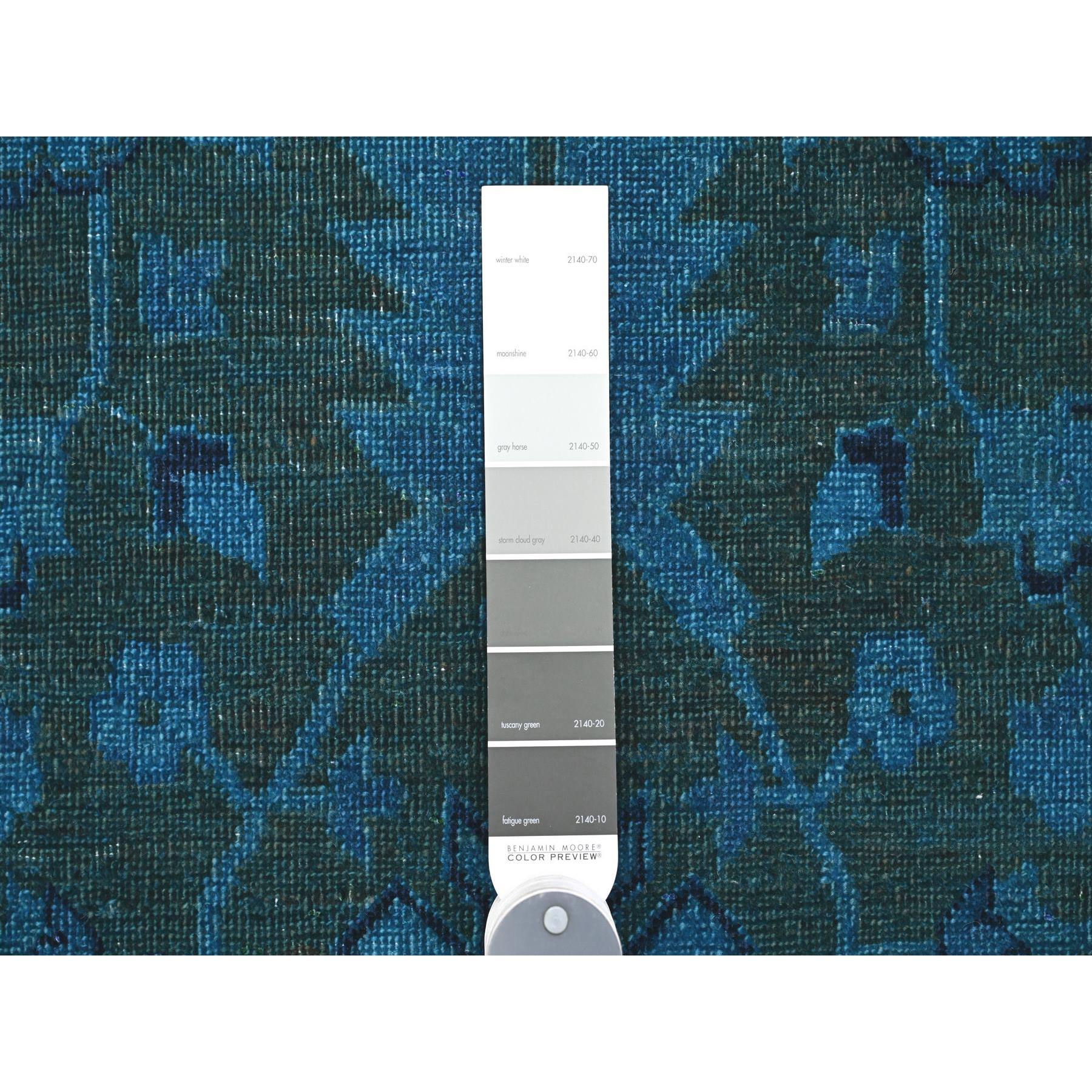9'4"x12'9" Bayern Blue Overdyed with Touches of Navy, Peshawar with Heriz All Over Design, Distressed, Zero Pile, Hand Knotted, 100% Wool, Oriental Rug HR20373 - Image 7