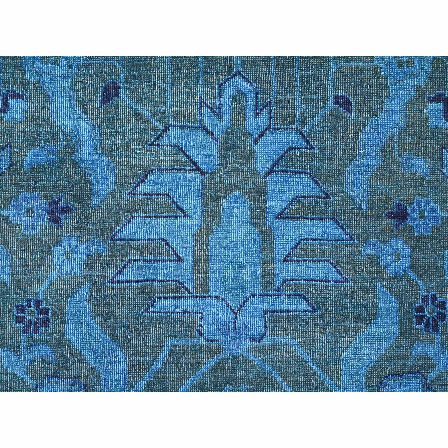 9'4"x12'9" Bayern Blue Overdyed with Touches of Navy, Peshawar with Heriz All Over Design, Distressed, Zero Pile, Hand Knotted, 100% Wool, Oriental Rug HR20373 - Image 8