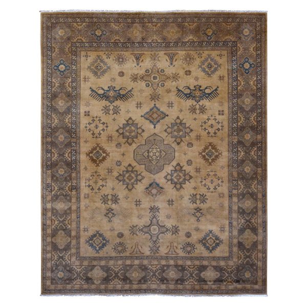 8'x9'10" Coffee Brown, Overdyed Kazak with Geometric Leaf Pattern, 100% Wool, Hand Knotted, Oriental Rug HR20400