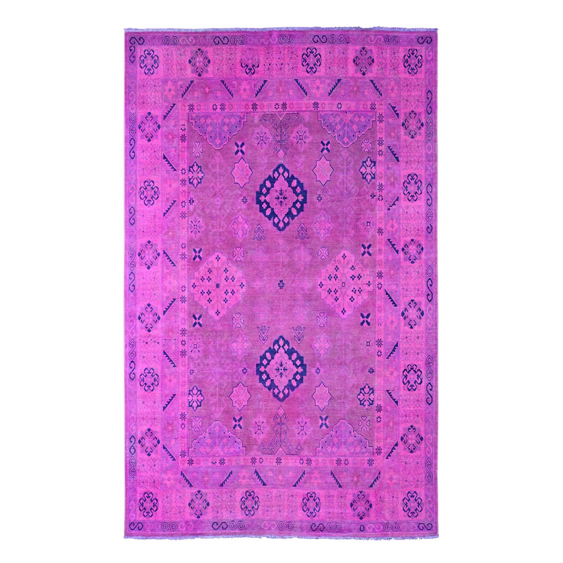 8'x9'7" Hot Pink, Overdyed Kazak with Geometric Design, Hand Knotted, 100% Wool, Oriental Rug HR20401