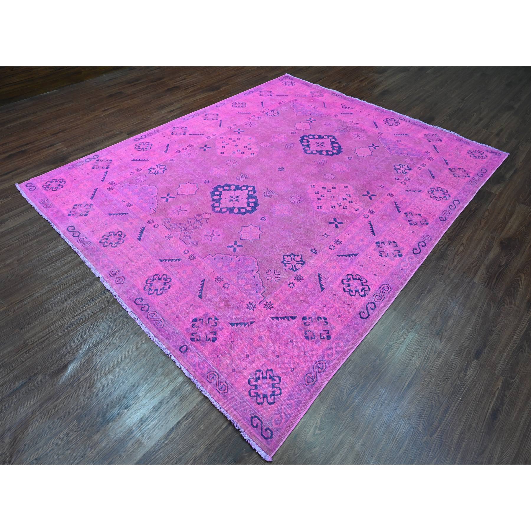 8'x9'7" Hot Pink, Overdyed Kazak with Geometric Design, Hand Knotted, 100% Wool, Oriental Rug HR20401 - Image 3
