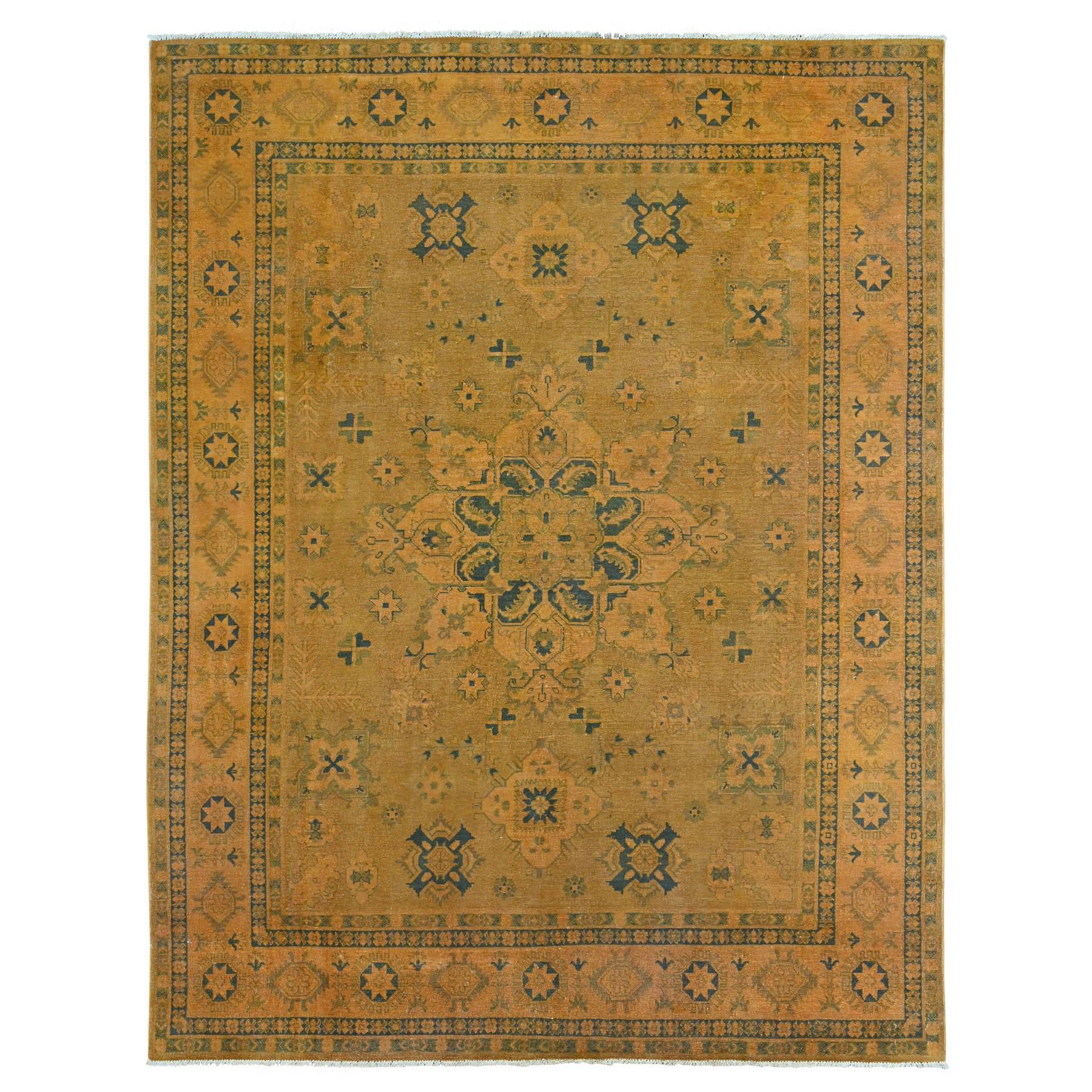 7'8"x9'10" Honey Brown, Overdyed Kazak with Flower Medallion Design, 100% Wool, Hand Knotted, Oriental Rug HR20402