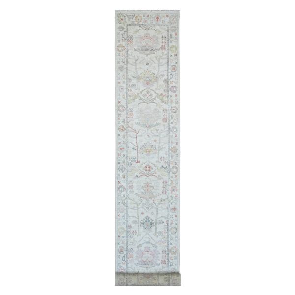 3'1"x22'4" Chiffon White, Afghan Angora Oushak with Muted Colors Leaf Design, Hand Knotted, Vegetable Dyes, 100% Wool, XL Runner, Oriental Rug HR20408